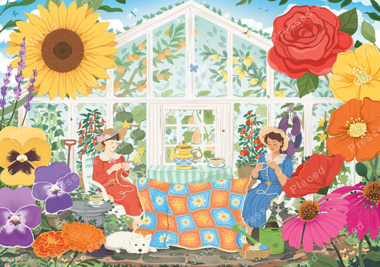 Whimsical greenhouse garden scene with two women, oversized flowers, and cozy cottage details