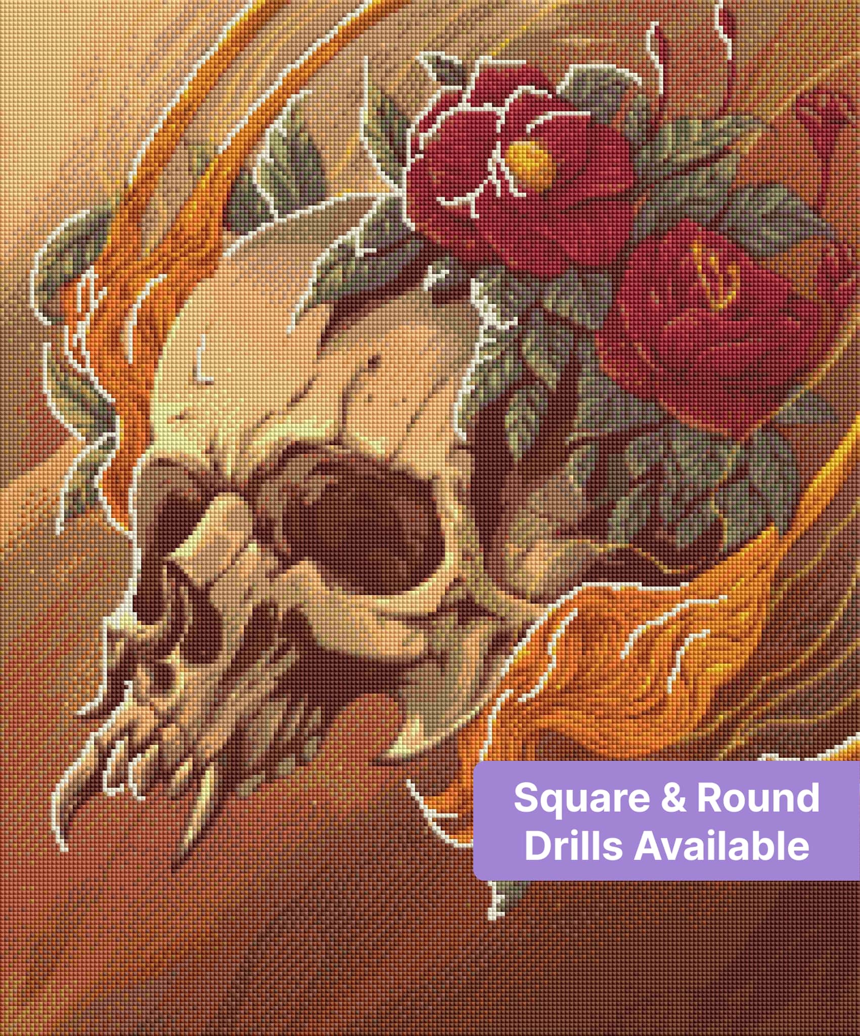 Illustrated skull with red roses and flowing golden accents in a gothic fantasy style