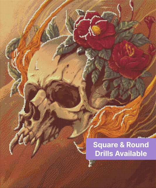 Illustrated skull with red roses and flowing golden accents in a gothic fantasy style