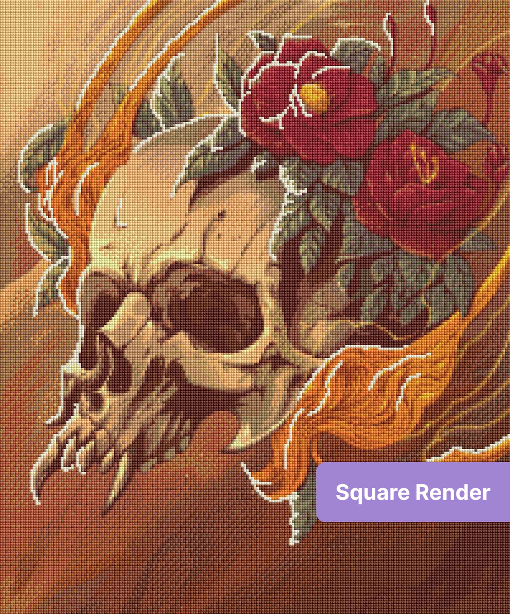 Illustrated skull with red roses and flowing golden accents in a gothic fantasy style