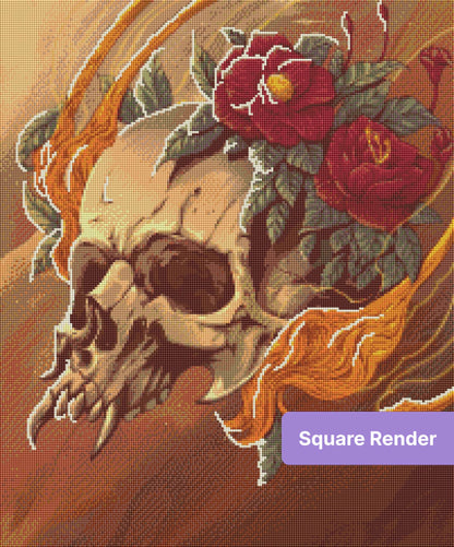 Illustrated skull with red roses and flowing golden accents in a gothic fantasy style