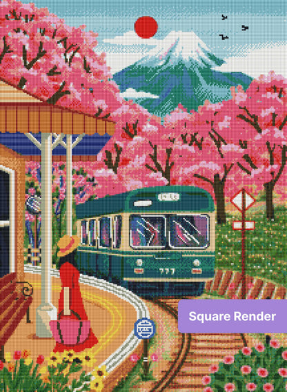 Cherry blossom train station scene with vintage train, woman in red dress, and mountain backdrop