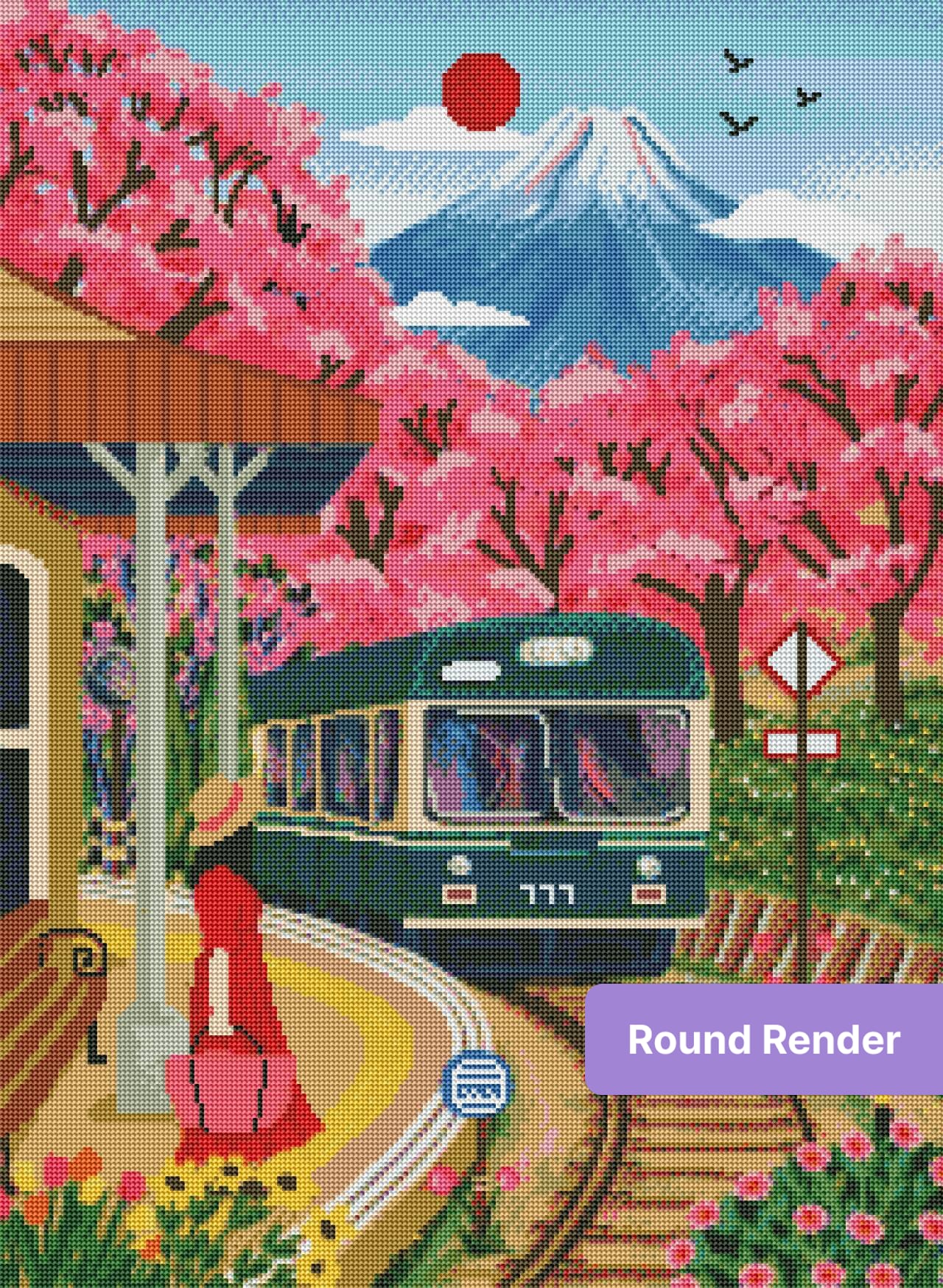 Cherry blossom train station scene with vintage train, woman in red dress, and mountain backdrop