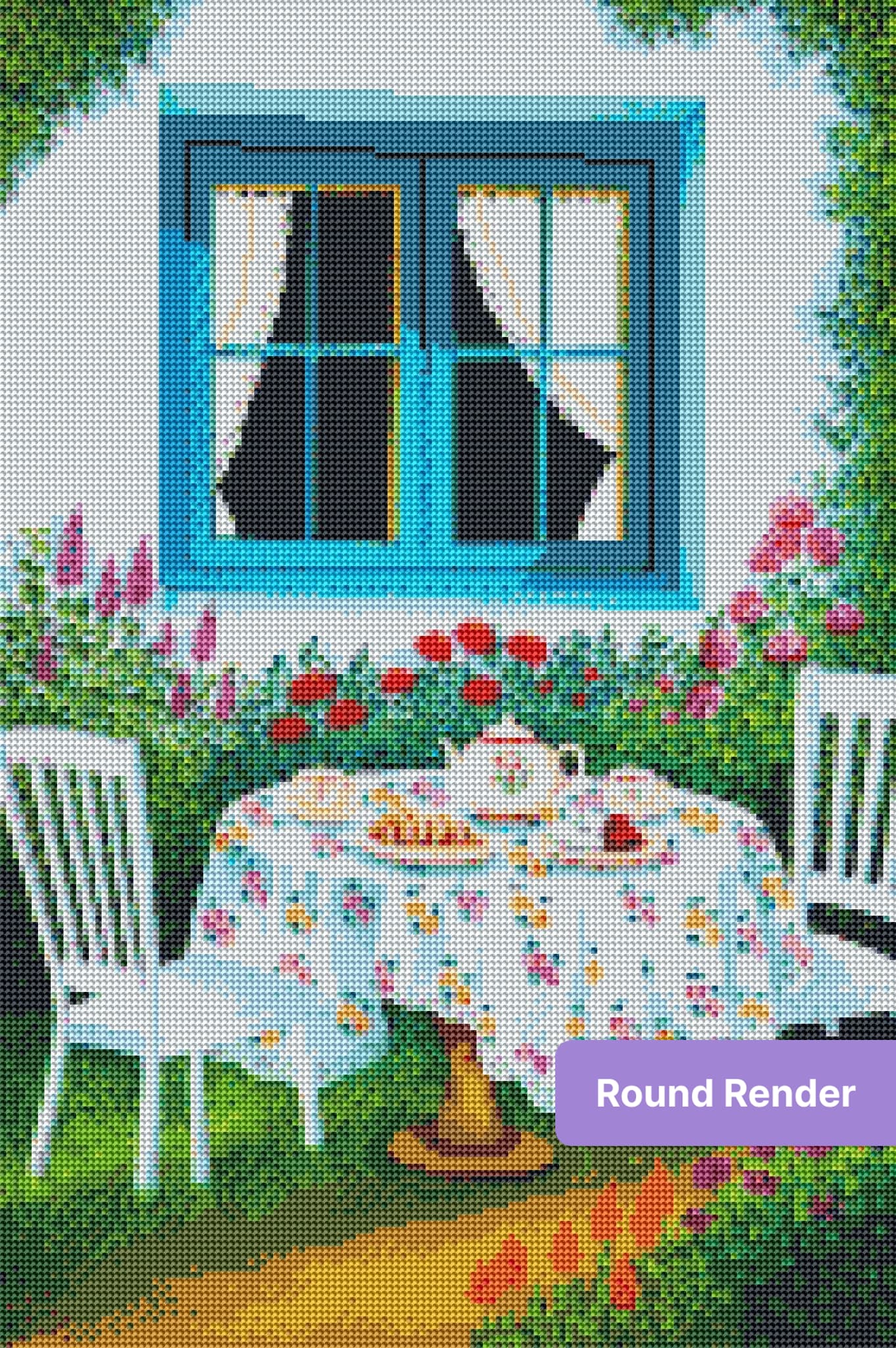 Garden tea party scene with blue window, floral tablecloth, teapot, and blooming flowers