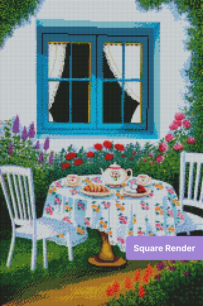Garden tea party scene with blue window, floral tablecloth, teapot, and blooming flowers