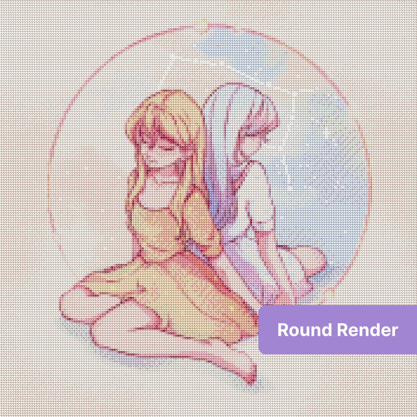 Pastel anime-style twin girls seated back-to-back inside a celestial circle