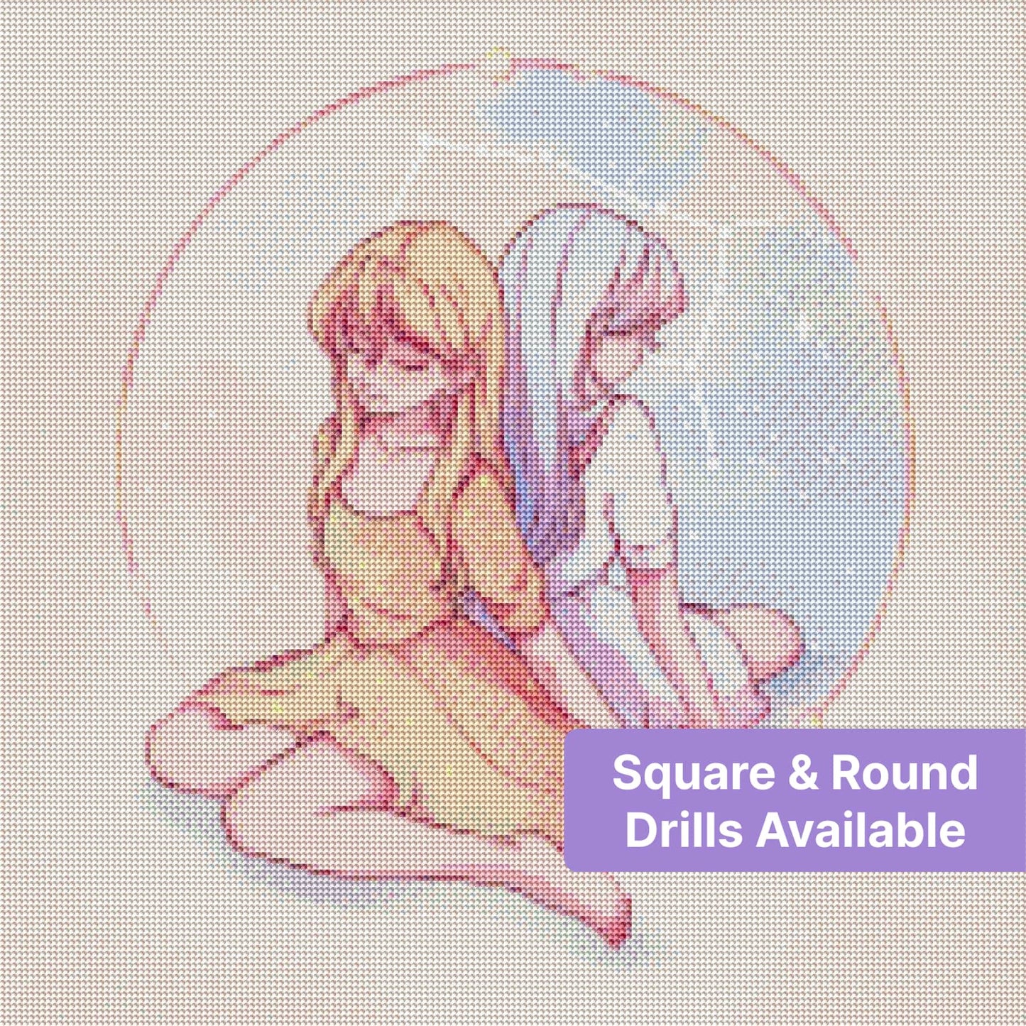 Pastel anime-style twin girls seated back-to-back inside a celestial circle