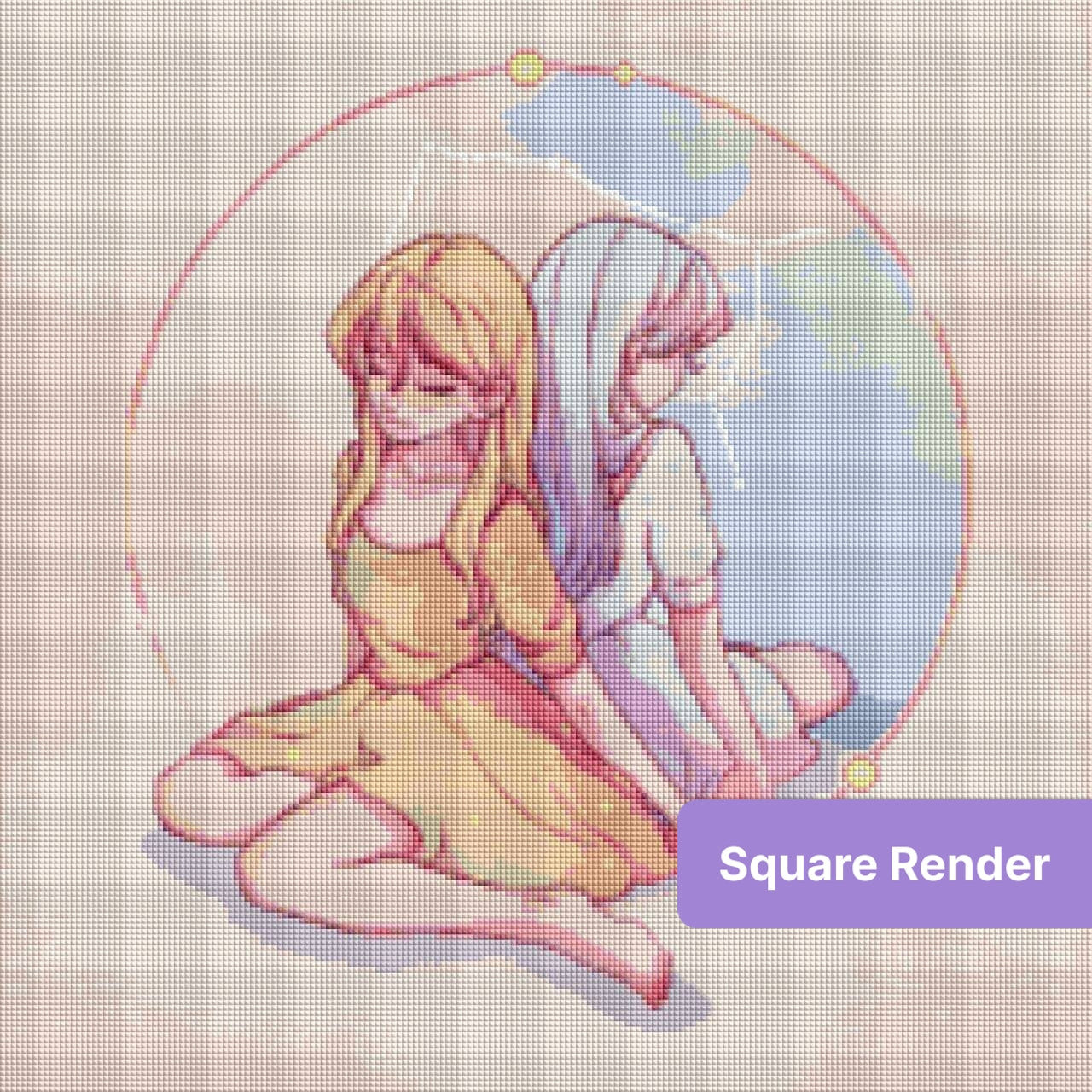Pastel anime-style twin girls seated back-to-back inside a celestial circle