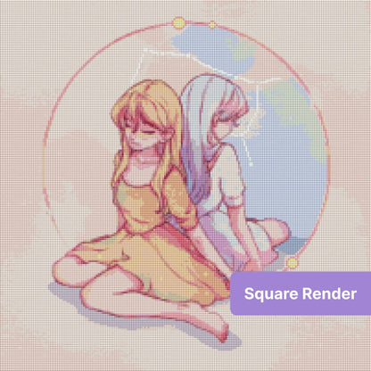 Pastel anime-style twin girls seated back-to-back inside a celestial circle