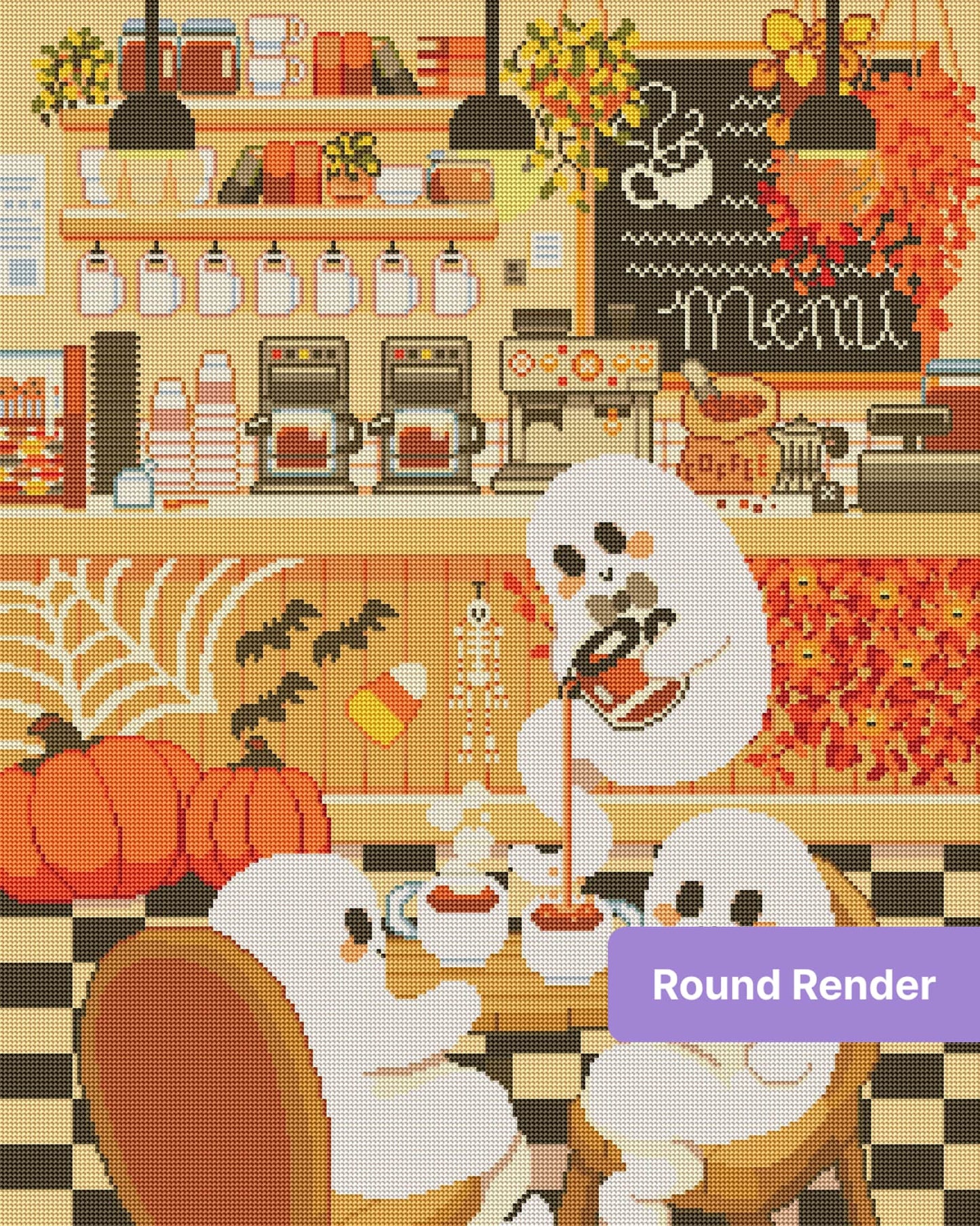 Pixel-style autumn coffee shop with cute white characters, pumpkins, and warm cozy décor