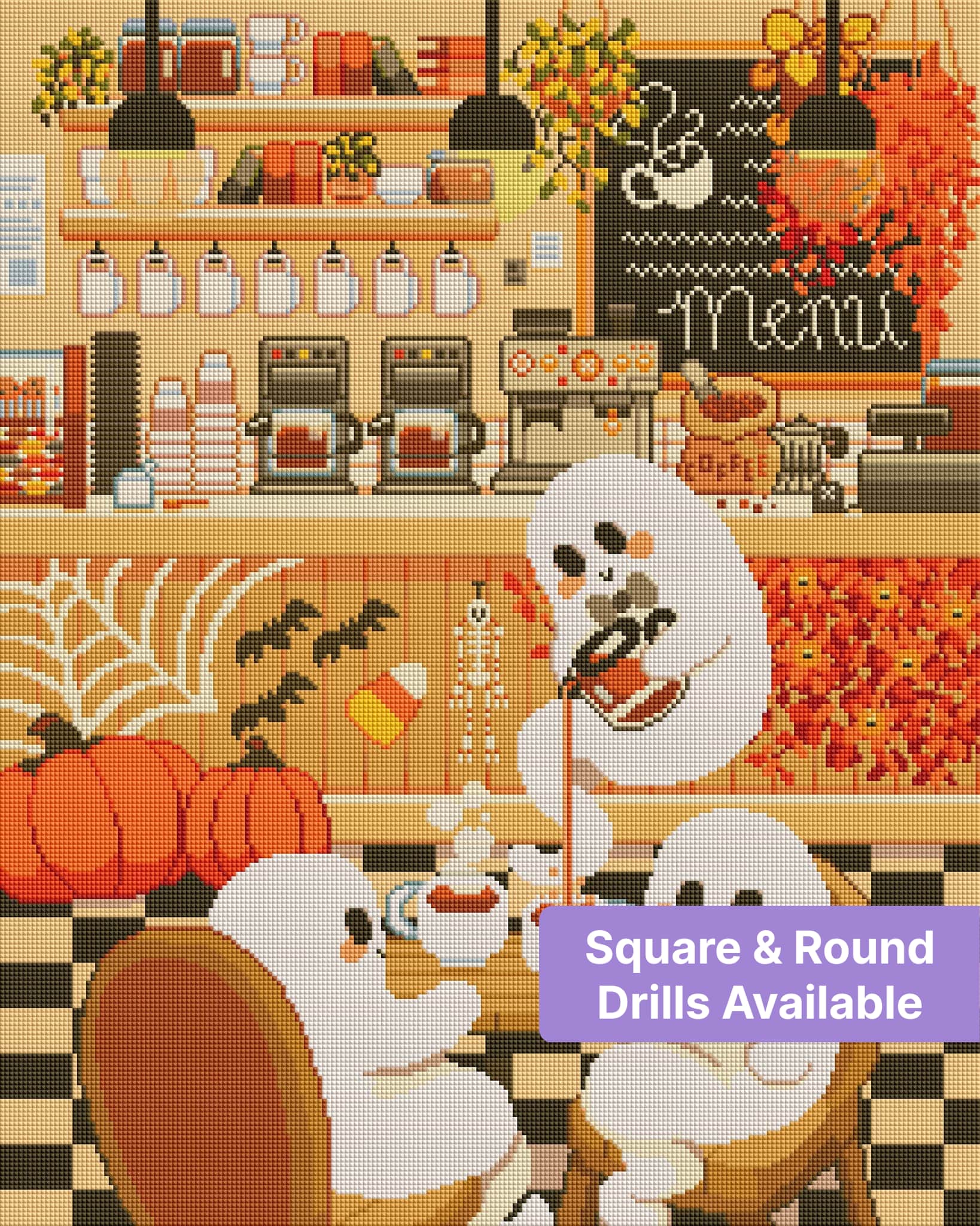 Pixel-style autumn coffee shop with cute white characters, pumpkins, and warm cozy décor