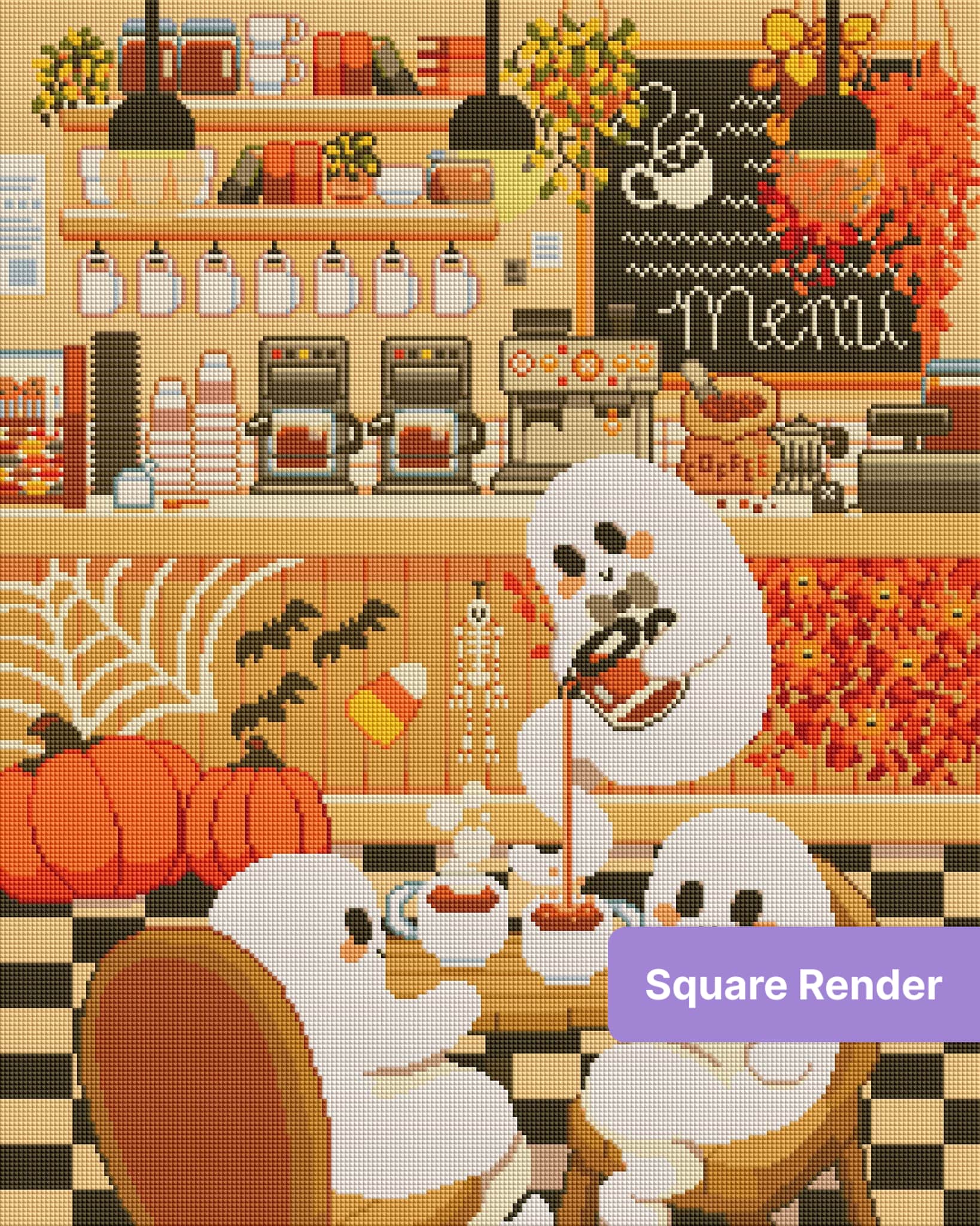 Pixel-style autumn coffee shop with cute white characters, pumpkins, and warm cozy décor