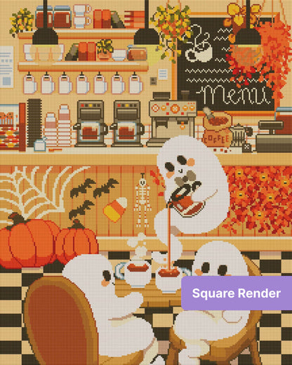 Pixel-style autumn coffee shop with cute white characters, pumpkins, and warm cozy décor