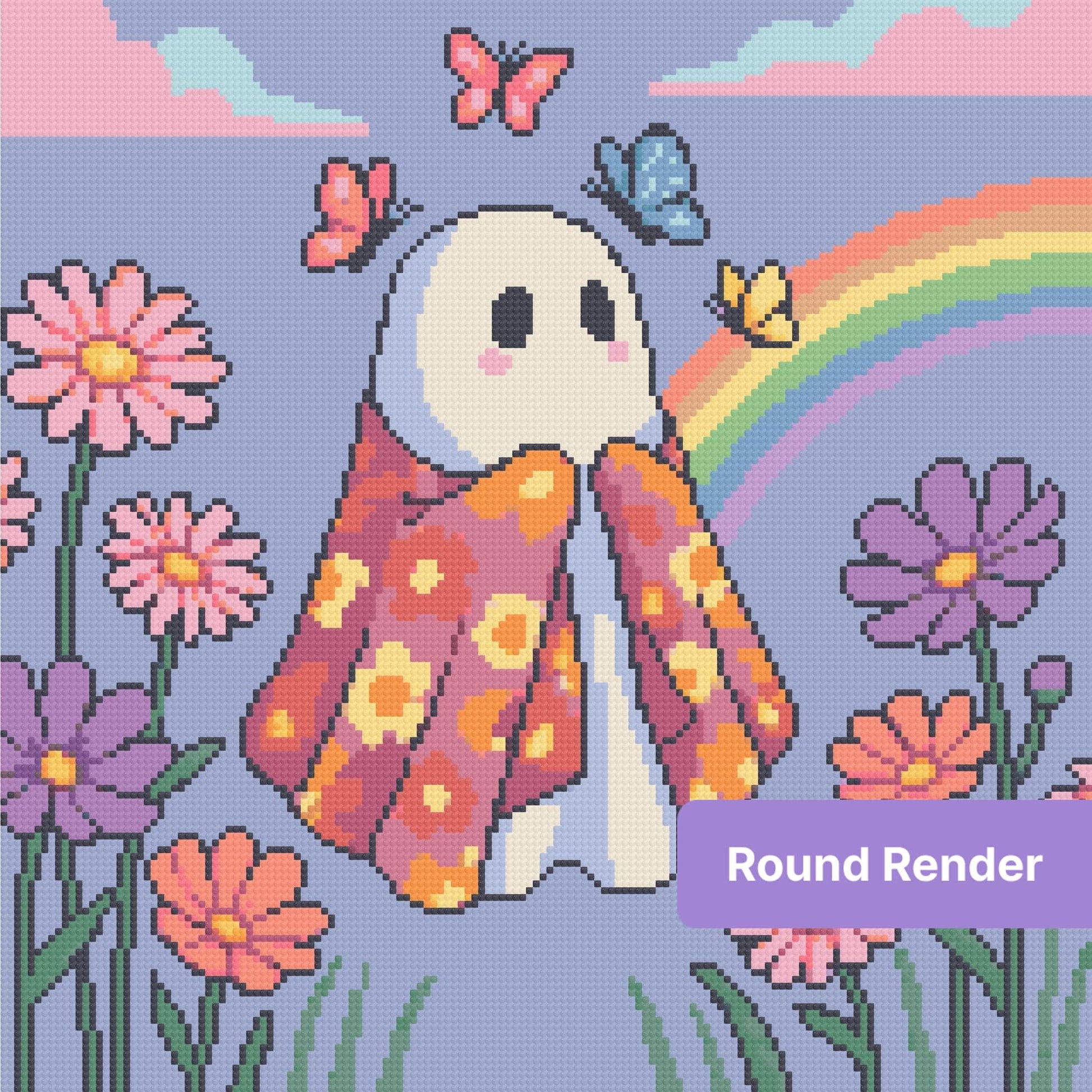 Cute ghost in a floral robe with butterflies, rainbow, and pastel flowers