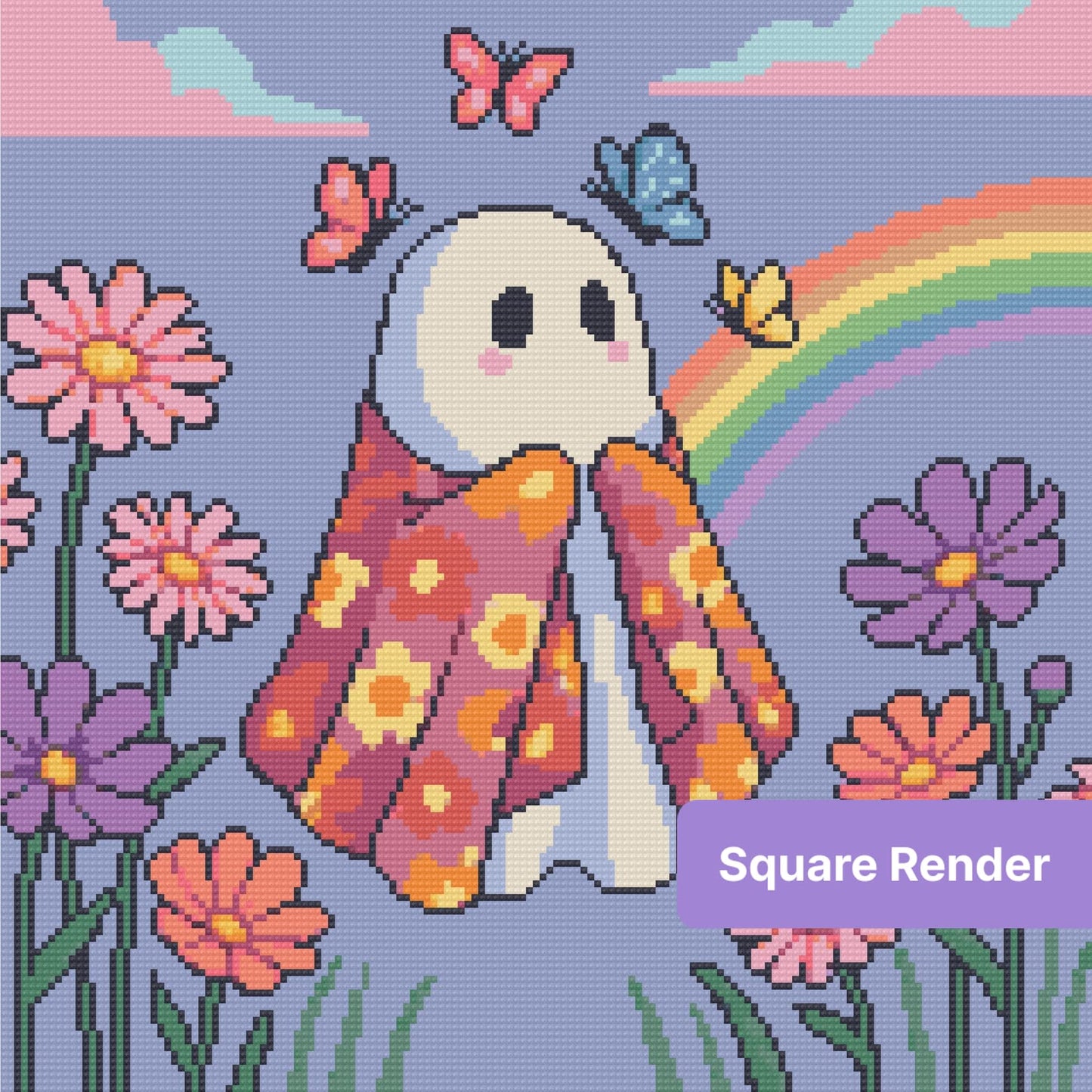 Cute ghost in a floral robe with butterflies, rainbow, and pastel flowers