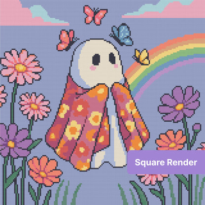 Cute ghost in a floral robe with butterflies, rainbow, and pastel flowers