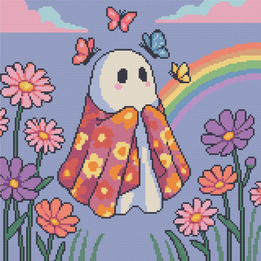 Cute ghost in a floral robe with butterflies, rainbow, and pastel flowers