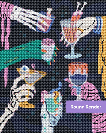Stylized skeleton hands holding colorful cocktails in a gothic pop-art style
