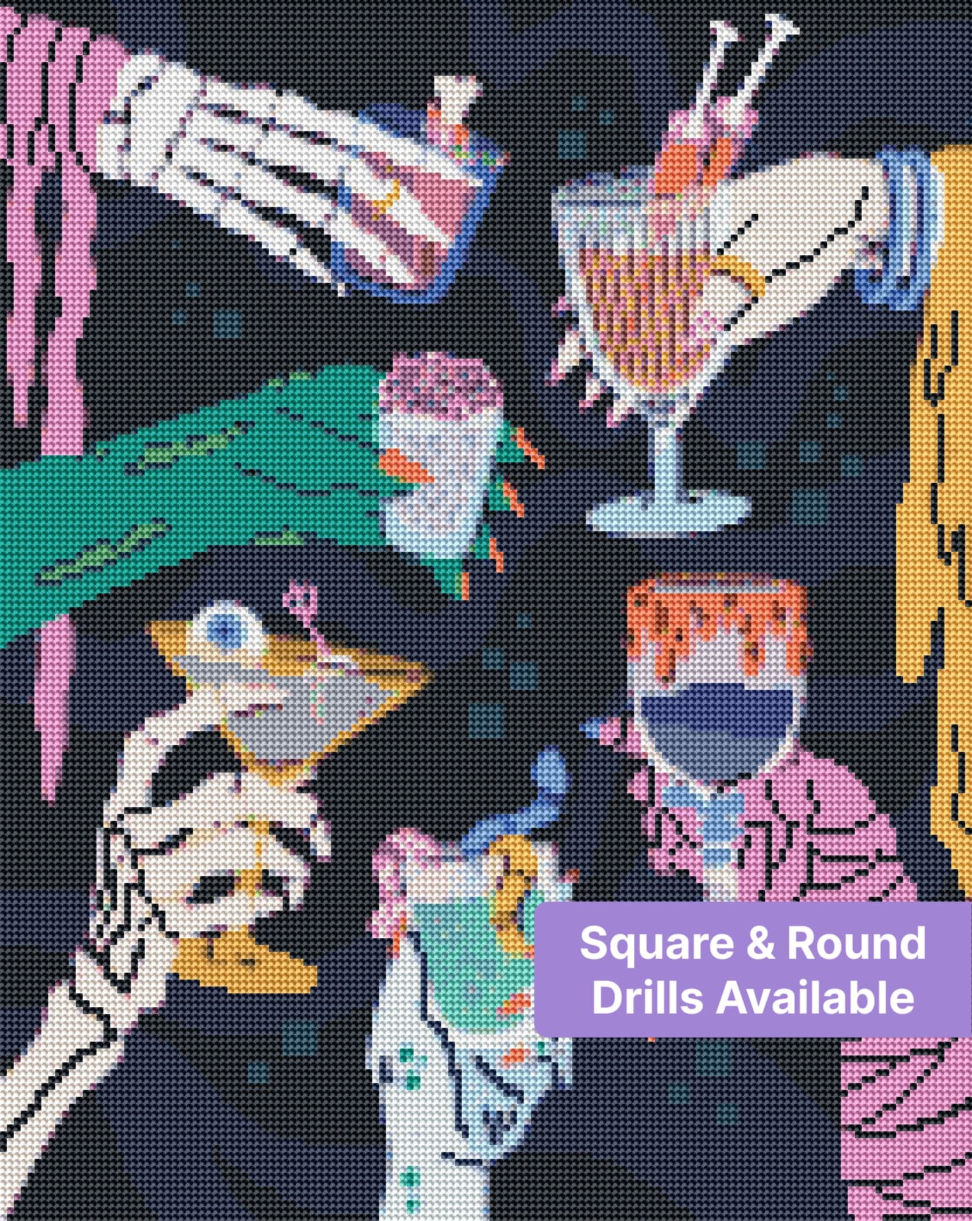 Stylized skeleton hands holding colorful cocktails in a gothic pop-art style
