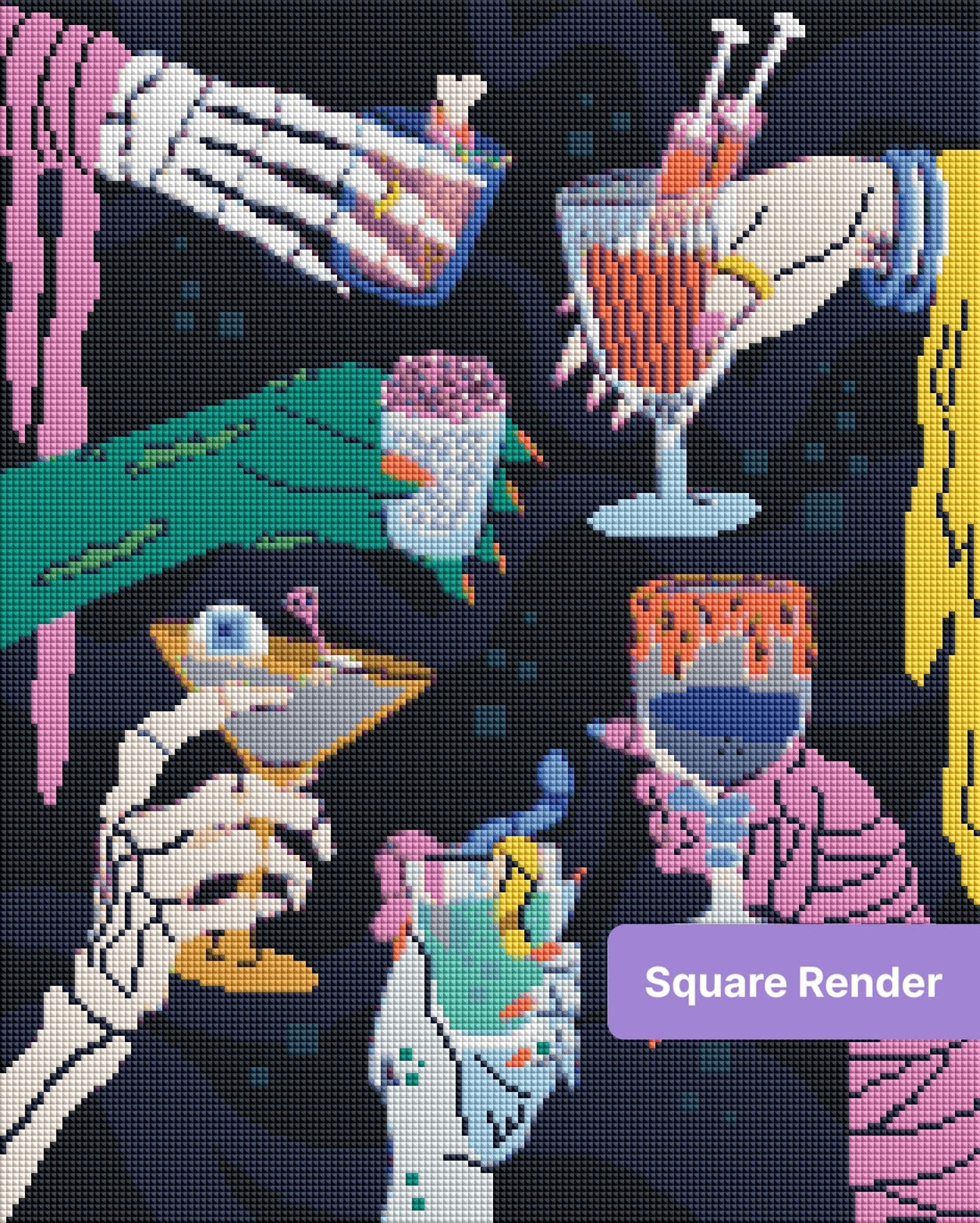 Stylized skeleton hands holding colorful cocktails in a gothic pop-art style