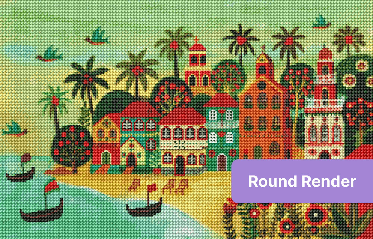 Colorful tropical village with palm trees, seaside boats, and folk-art houses