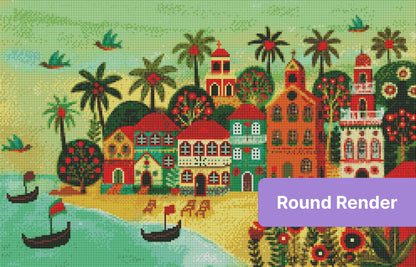 Colorful tropical village with palm trees, seaside boats, and folk-art houses