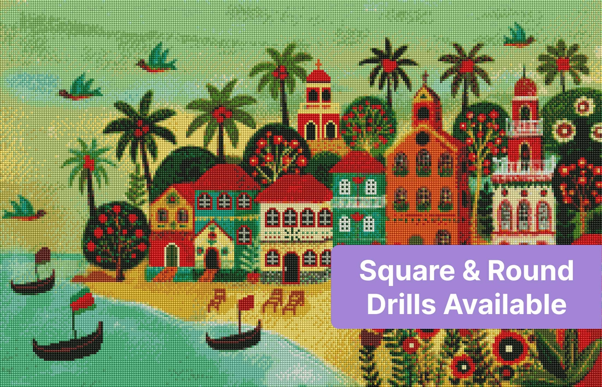 Colorful tropical village with palm trees, seaside boats, and folk-art houses