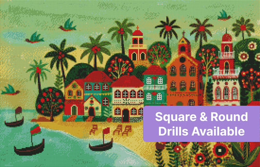 Colorful tropical village with palm trees, seaside boats, and folk-art houses