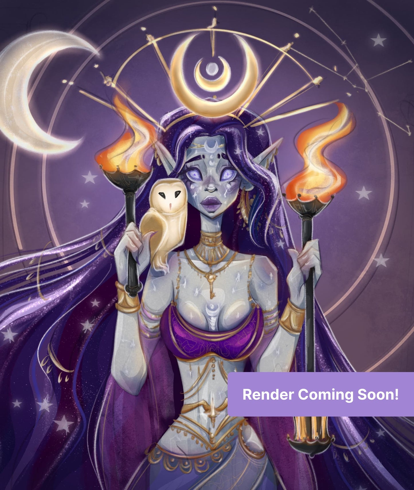 Fantasy moon goddess with owl, purple hair, gold moons, and glowing torches