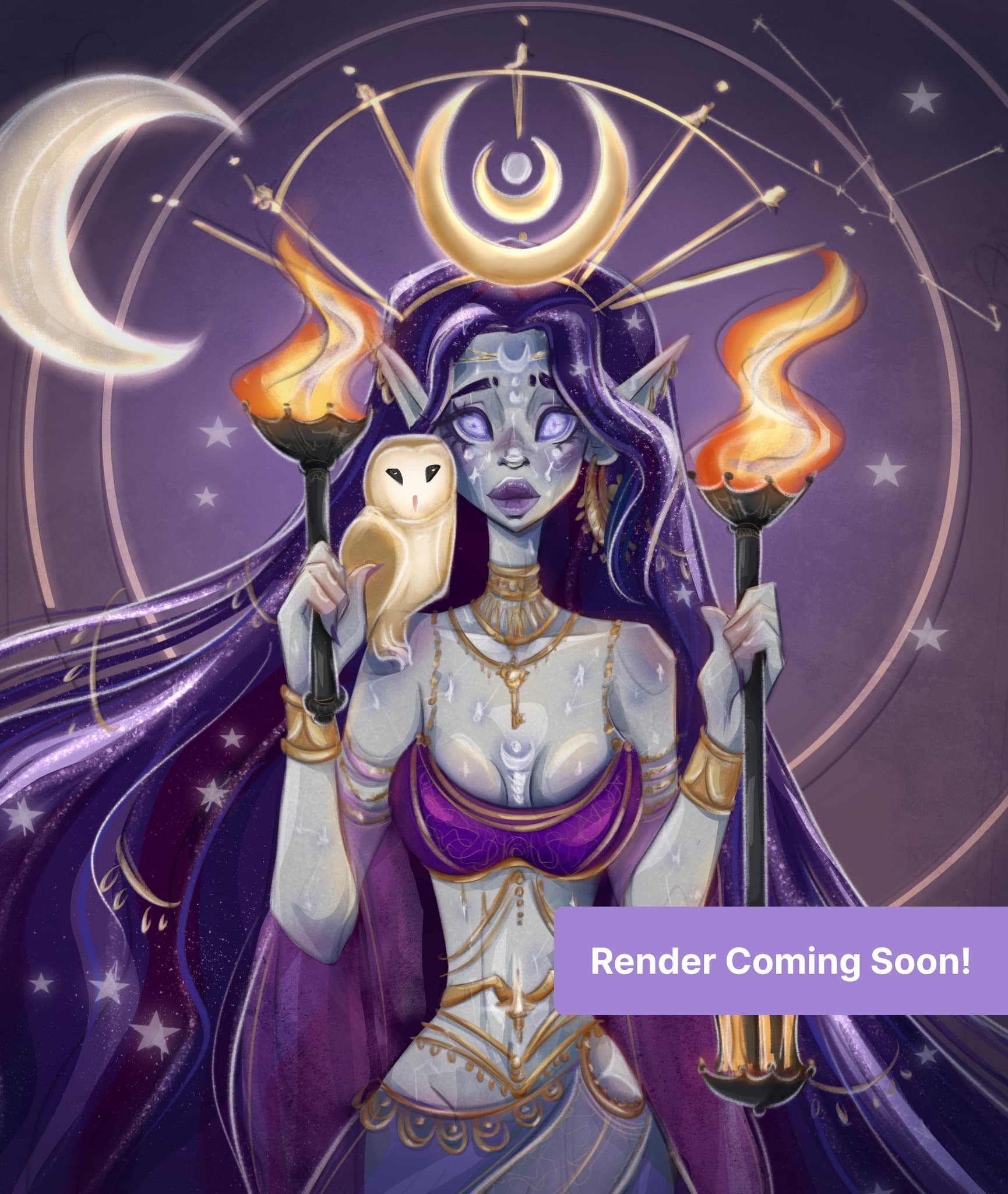 Fantasy moon goddess with owl, purple hair, gold moons, and glowing torches