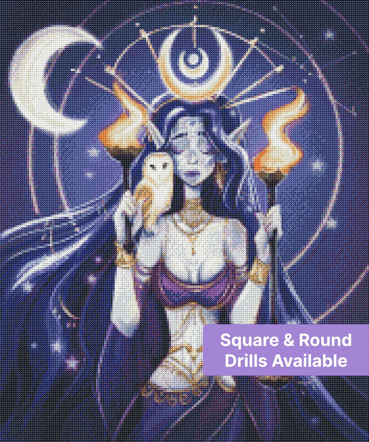 Fantasy goddess with owl, crescent moons, and flaming torches in a starry night scene