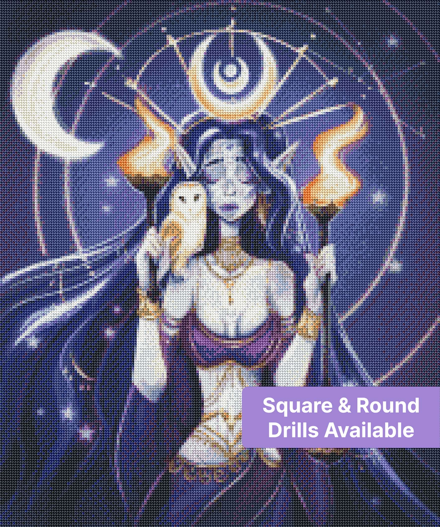 Fantasy goddess with owl, crescent moons, and flaming torches in a starry night scene