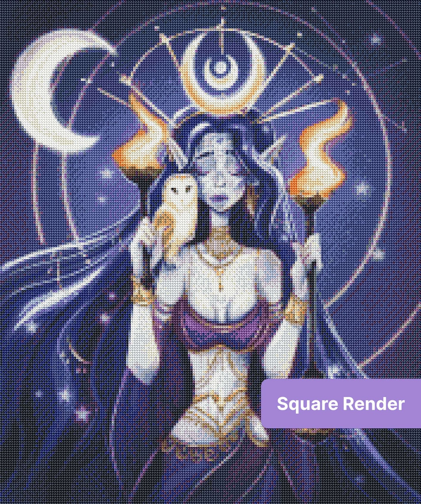 Fantasy goddess with owl, crescent moons, and flaming torches in a starry night scene