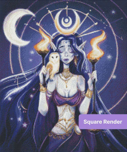 Fantasy goddess with owl, crescent moons, and flaming torches in a starry night scene