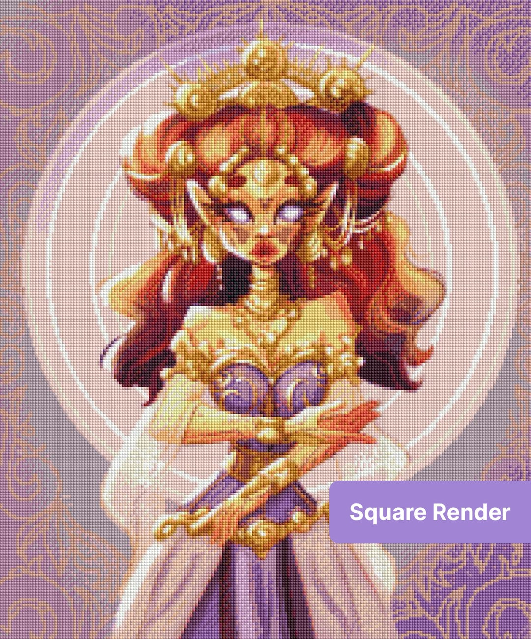 Fantasy queen portrait with gold jewelry, purple gown, and ornate mandala background