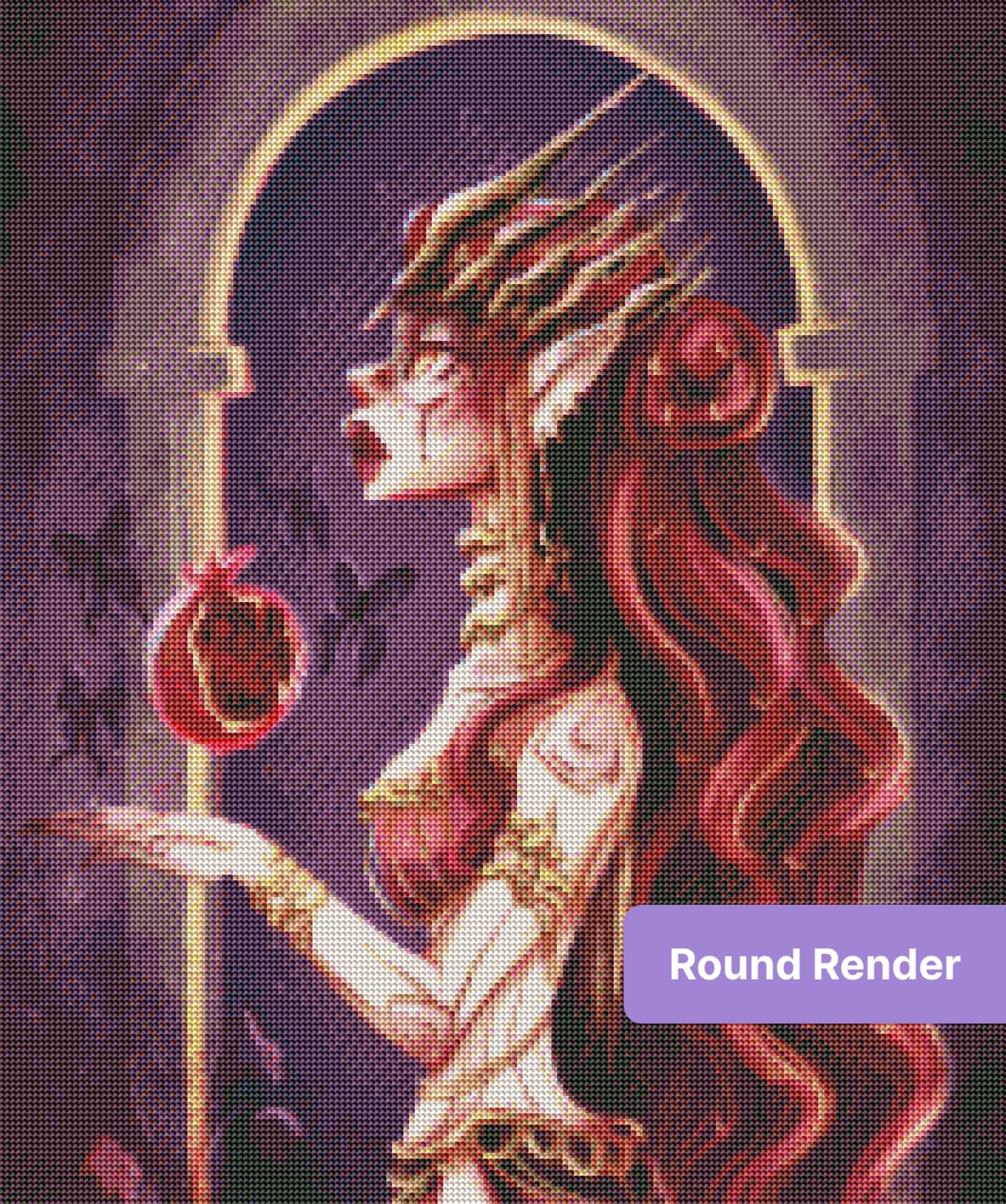 Fantasy elf with crimson hair and gold crown in a mystical purple portrait