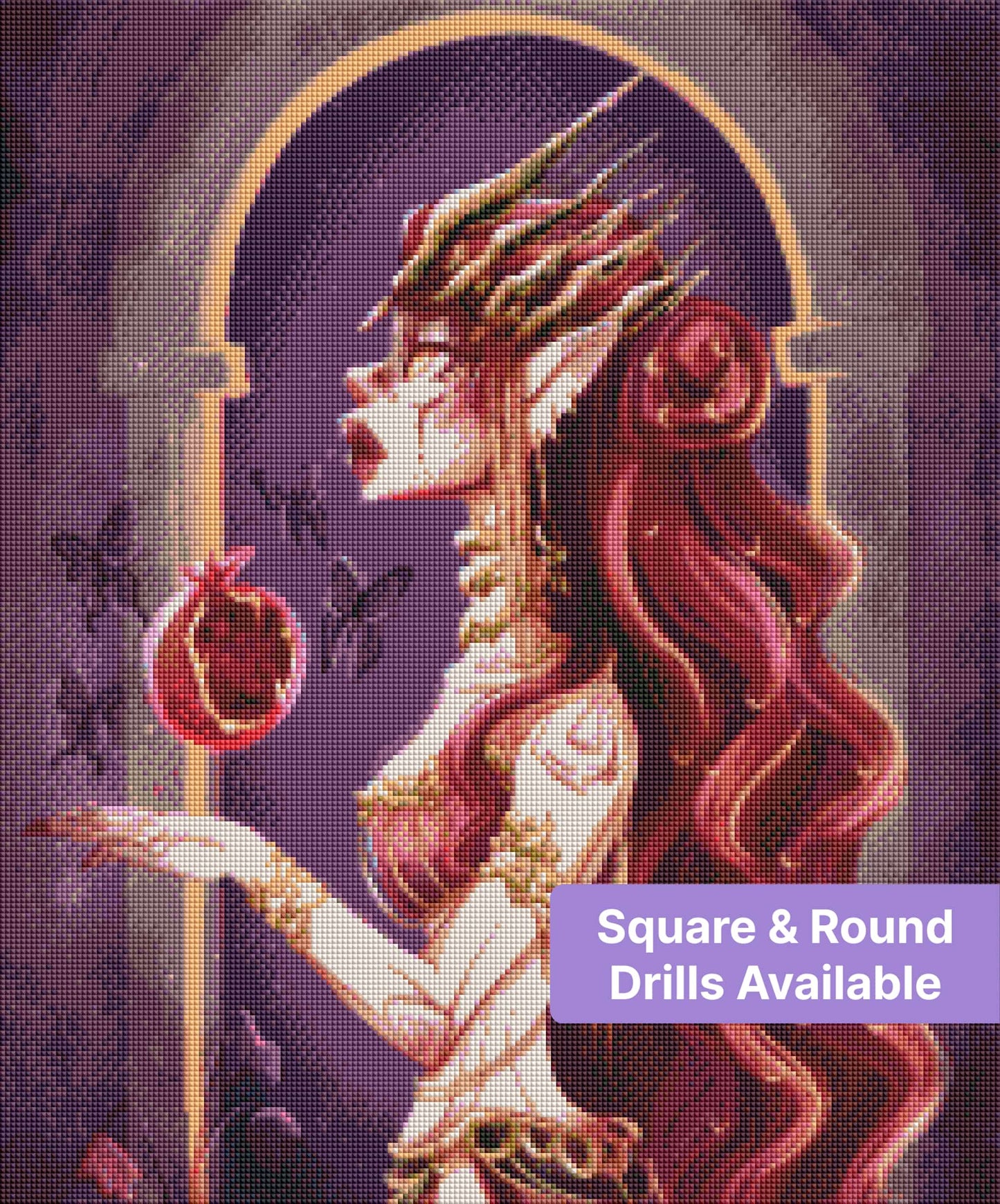 Fantasy elf with crimson hair and gold crown in a mystical purple portrait