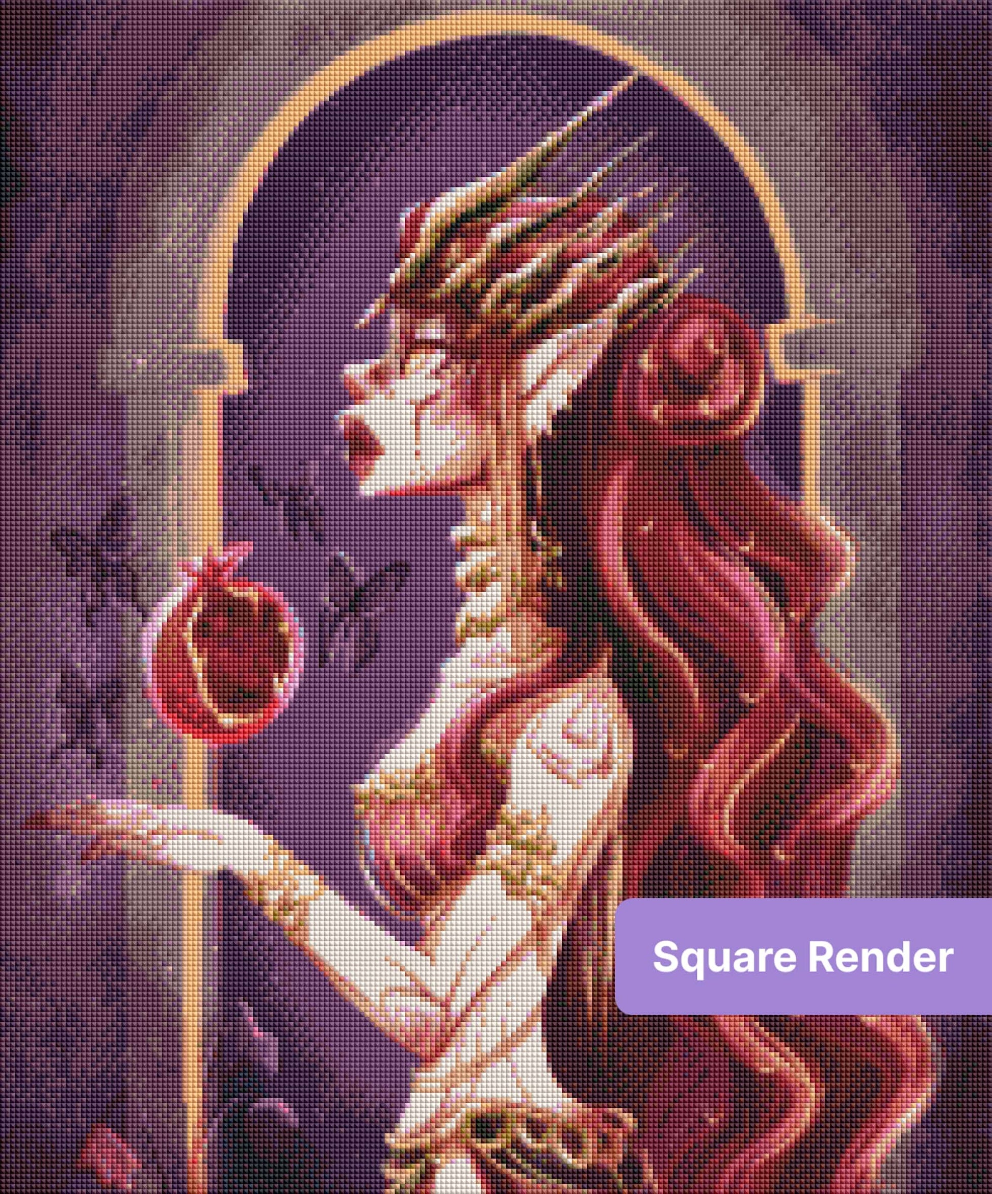 Fantasy elf with crimson hair and gold crown in a mystical purple portrait
