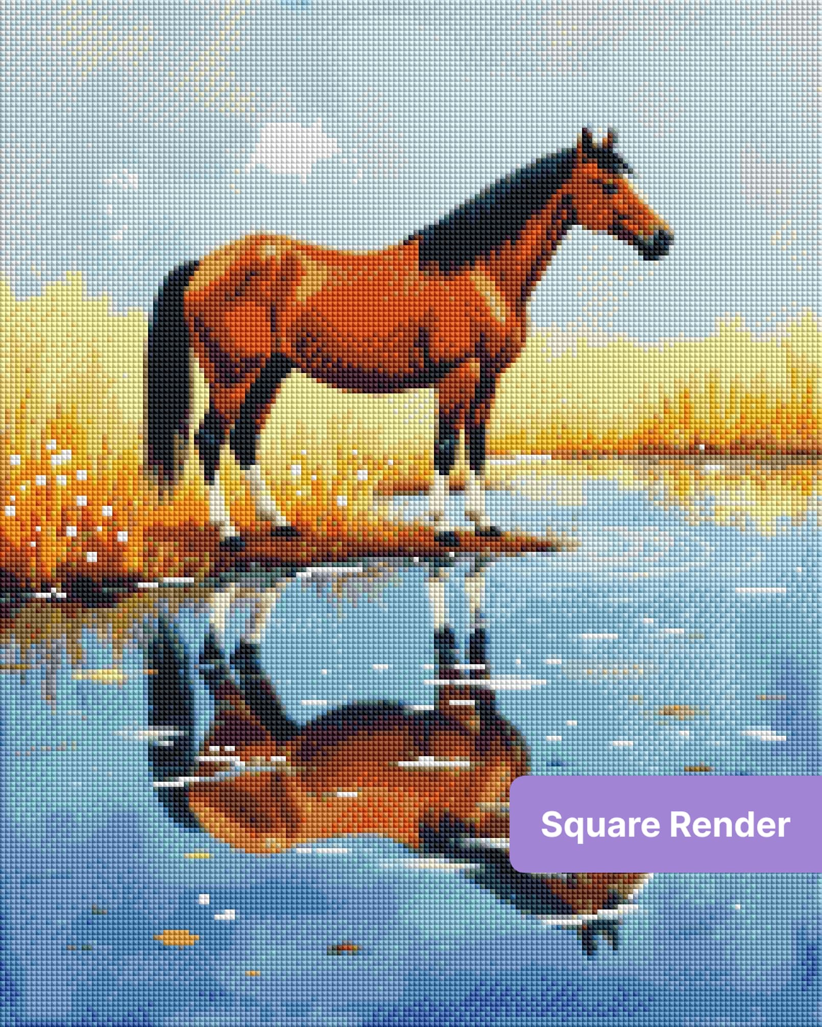 Chestnut horse standing by a pond with golden grass and mirrored reflection