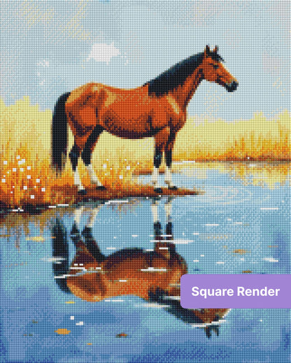 Chestnut horse standing by a pond with golden grass and mirrored reflection
