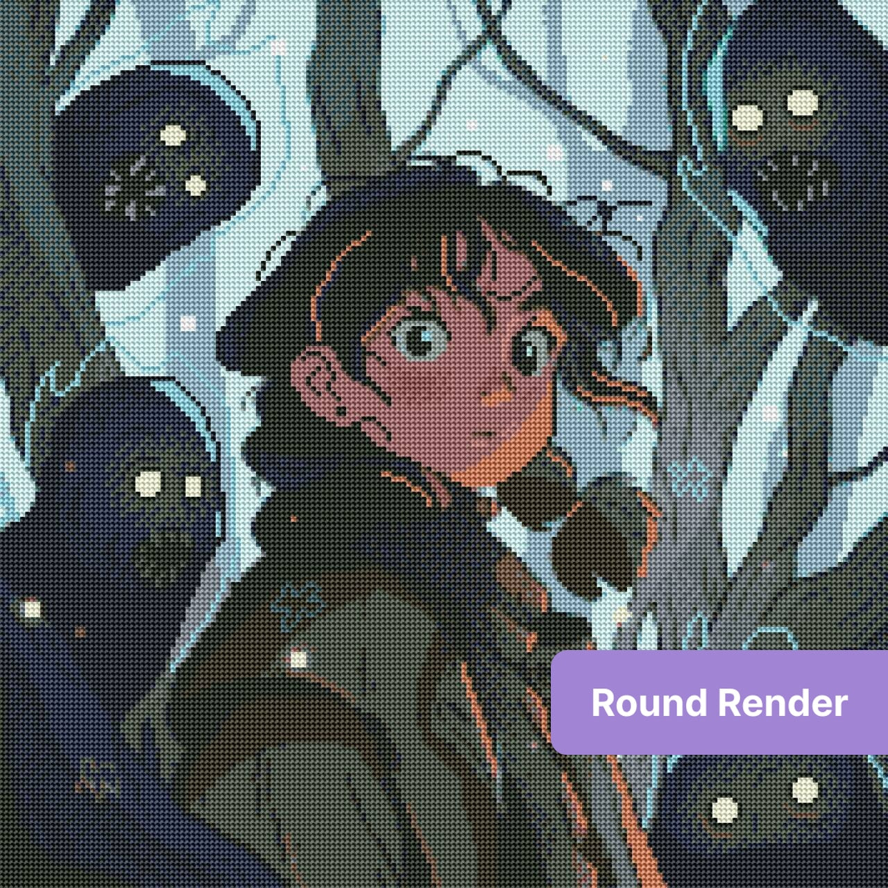 Fantasy girl surrounded by shadow creatures in a moody forest scene