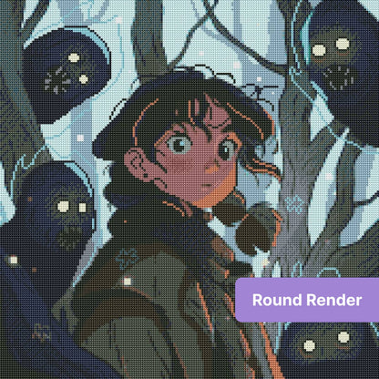 Fantasy girl surrounded by shadow creatures in a moody forest scene