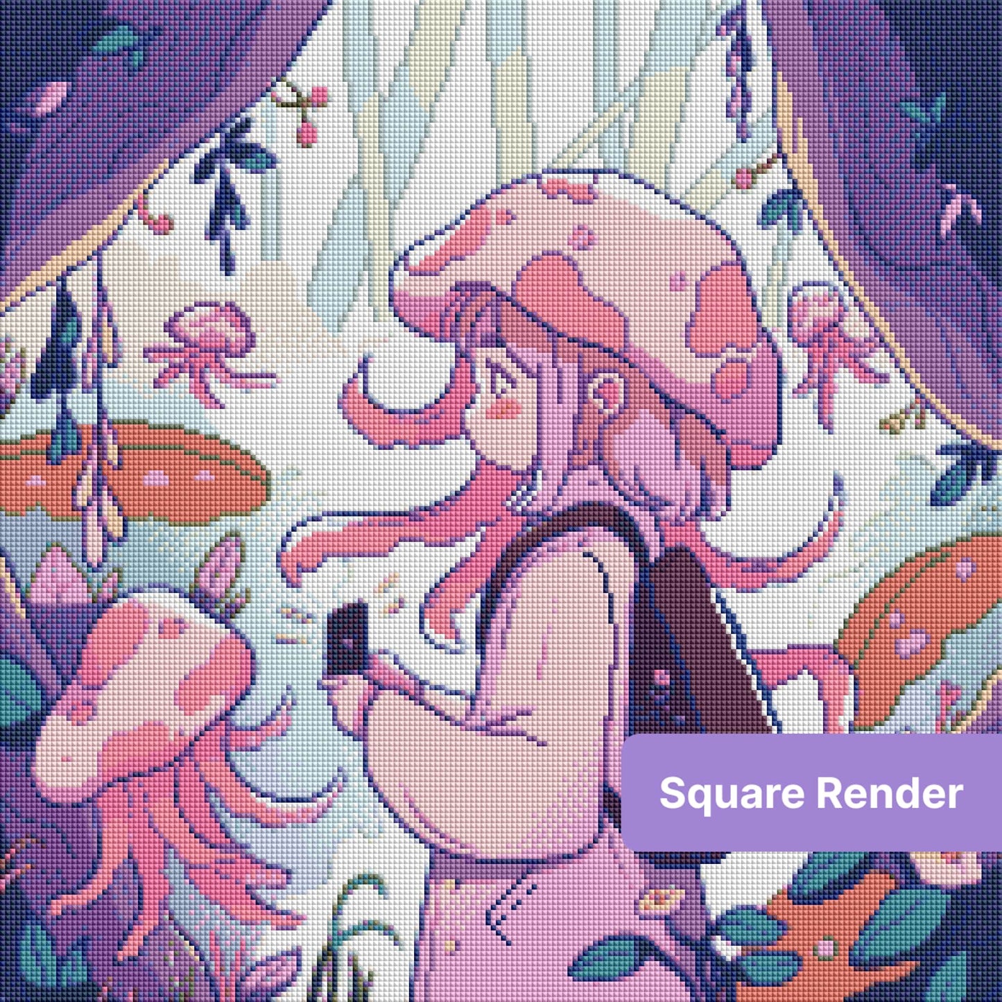Anime-style mushroom girl in a pastel fantasy forest with flowers and oversized mushrooms