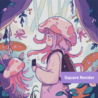 Anime-style mushroom girl in a pastel fantasy forest with flowers and oversized mushrooms