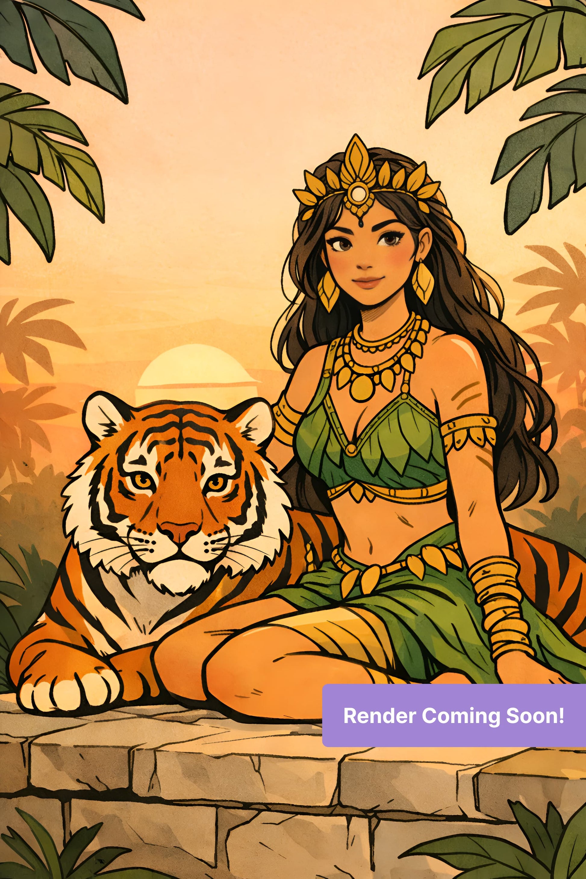 Jungle woman in green attire sitting beside a tiger in warm sunset tones