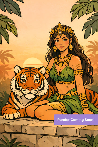 Jungle woman in green attire sitting beside a tiger in warm sunset tones