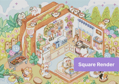Whimsical cat cottage scene with pastel colors, flowers, and cozy cartoon characters
