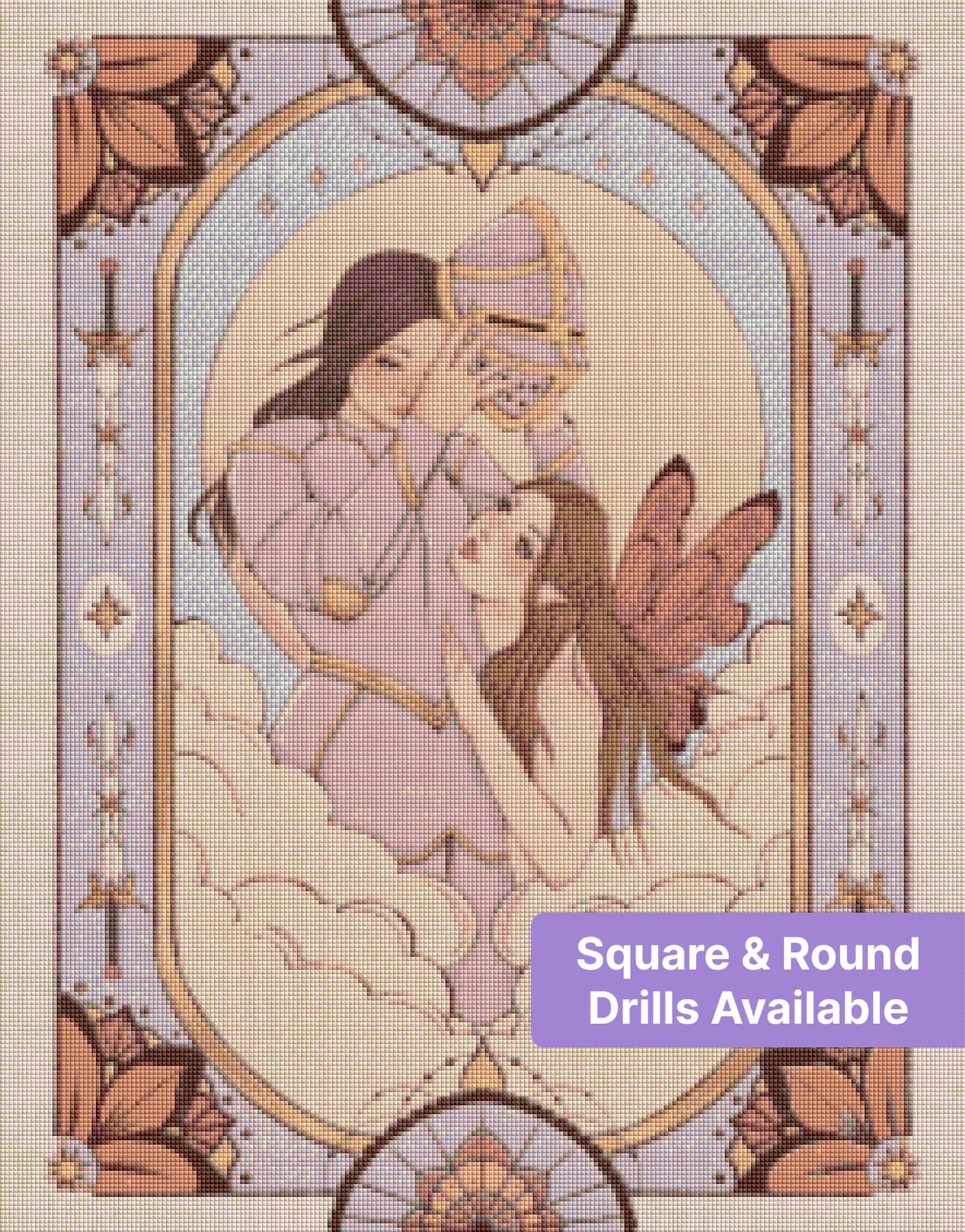 Fantasy fairy and knight in an ornate arched frame with soft clouds and celestial accents