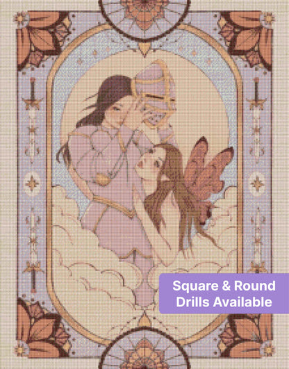 Fantasy fairy and knight in an ornate arched frame with soft clouds and celestial accents