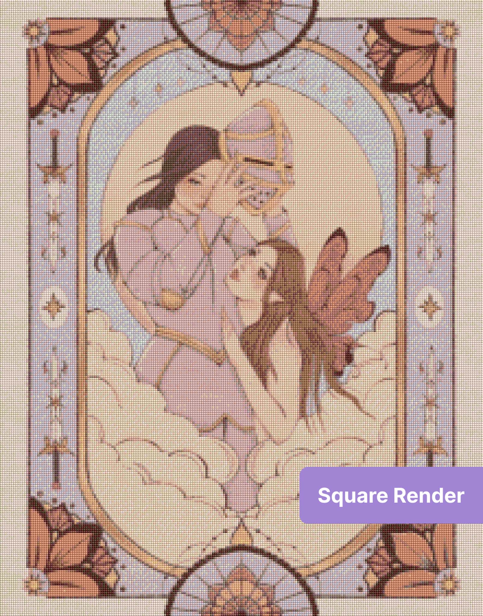 Fantasy fairy and knight in an ornate arched frame with soft clouds and celestial accents